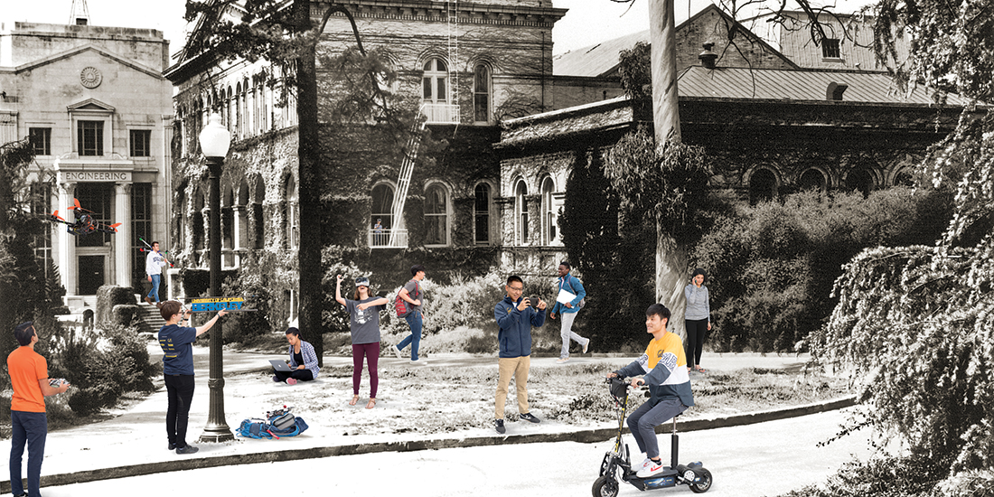 Mashup of photo of McLaughlin Hall and the Mechanical and Electrical Engineering Building (date unknown) with photos of current students